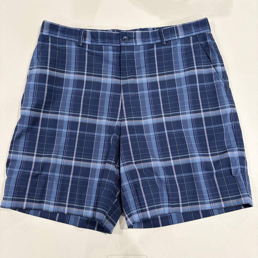 Tommy Armour Mens Golf Shorts 36 Blue Plaid Moisture Wicking Stretch Flat Front